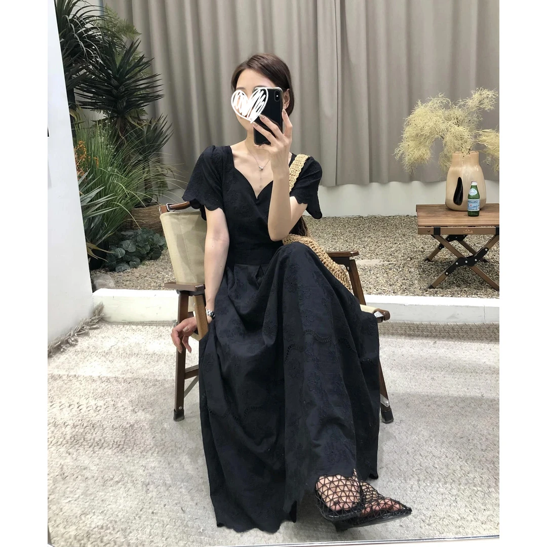 富家千金气质衣服法式重工刺绣花高腰修身显瘦蝴蝶袖大摆连衣裙女