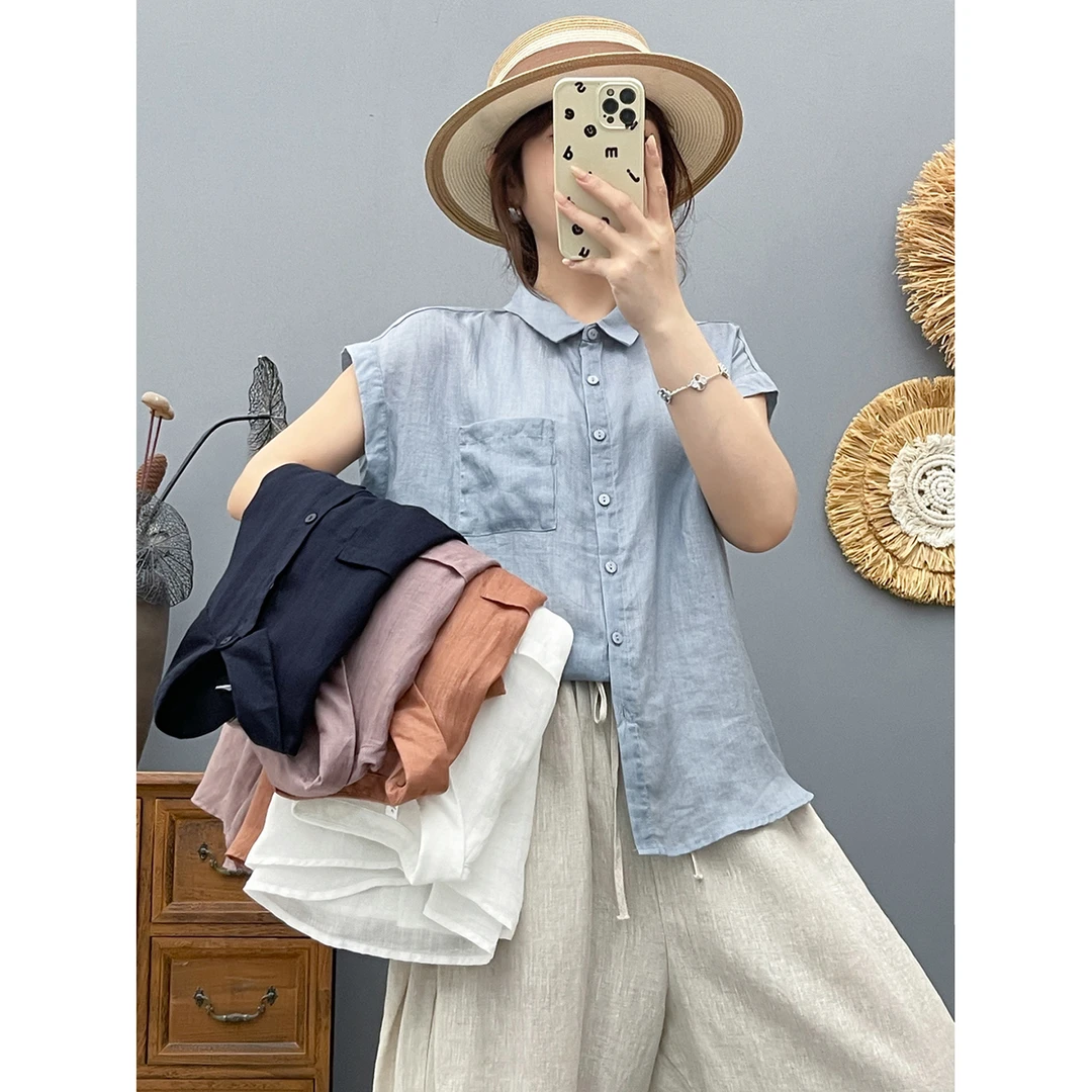 【100%苎麻】夏季薄款苎麻上衣女短袖衬衫方领纯色无袖衬衣女66198