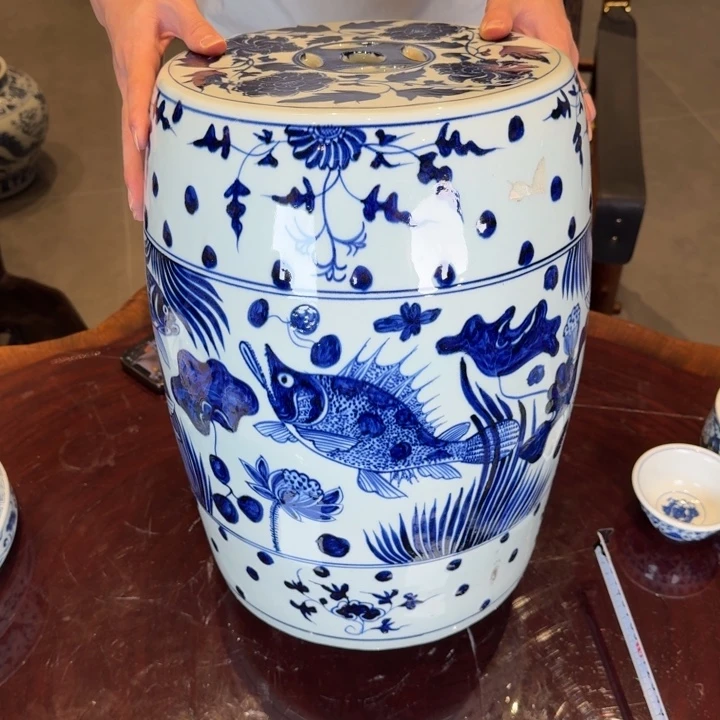 瓷片鱼藻凳子手工手绘