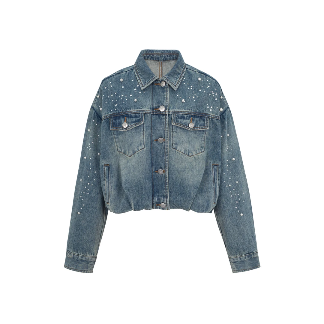 【品牌专属】ThreeQuarters重工花苞褶皱设计短款翻领牛仔夹克9004