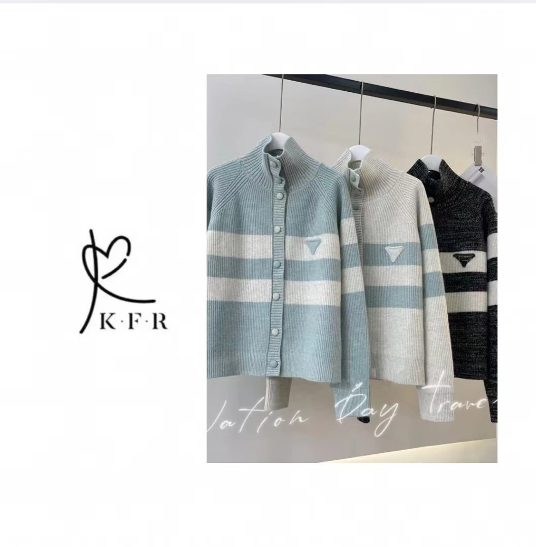 【冬季新款】欧货时尚条纹拼接休闲高领开衫针织打底衫 KFR-I80#