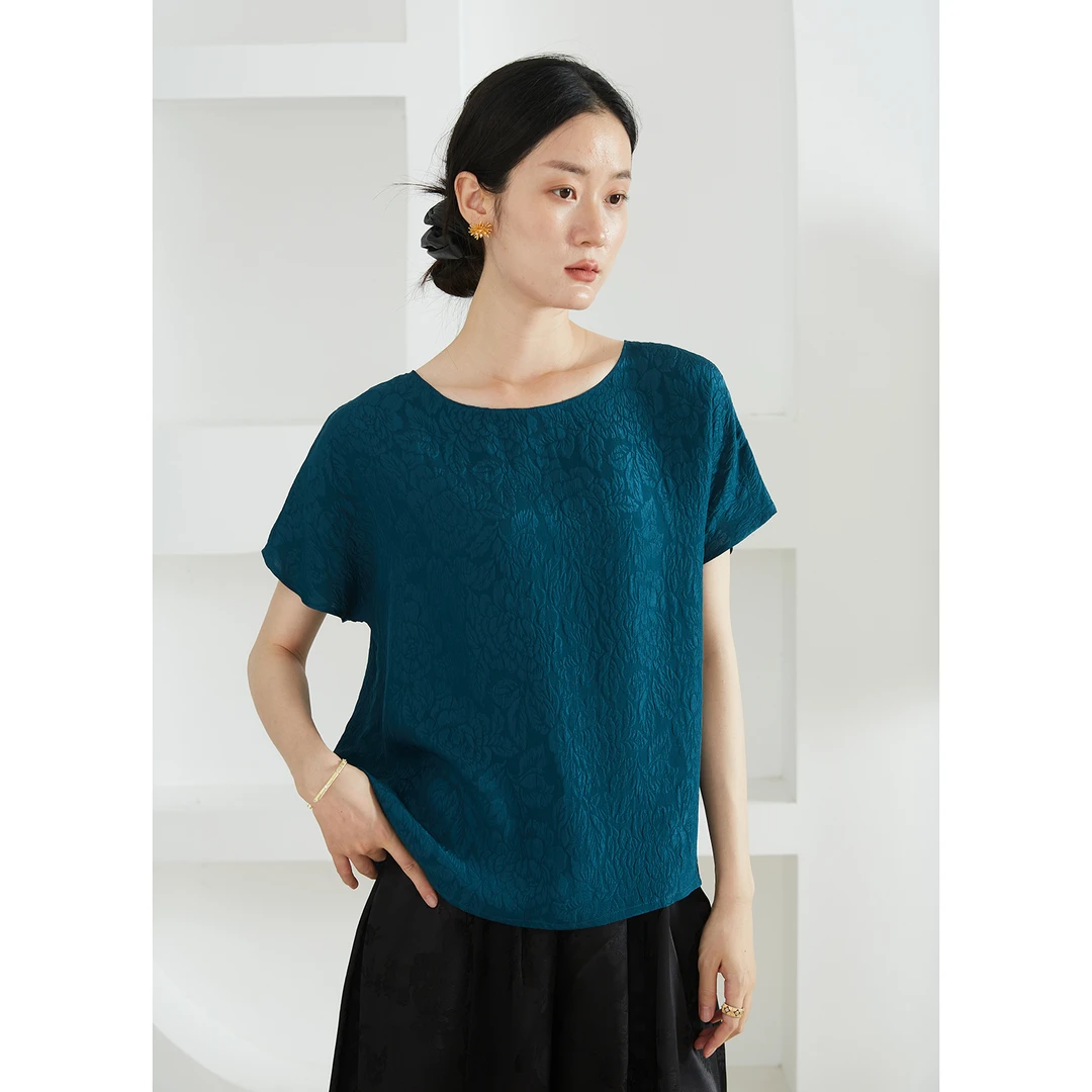 真丝冠乐绉浮雕感提花短袖T恤女100桑蚕丝宽松显瘦上衣夏SY52047