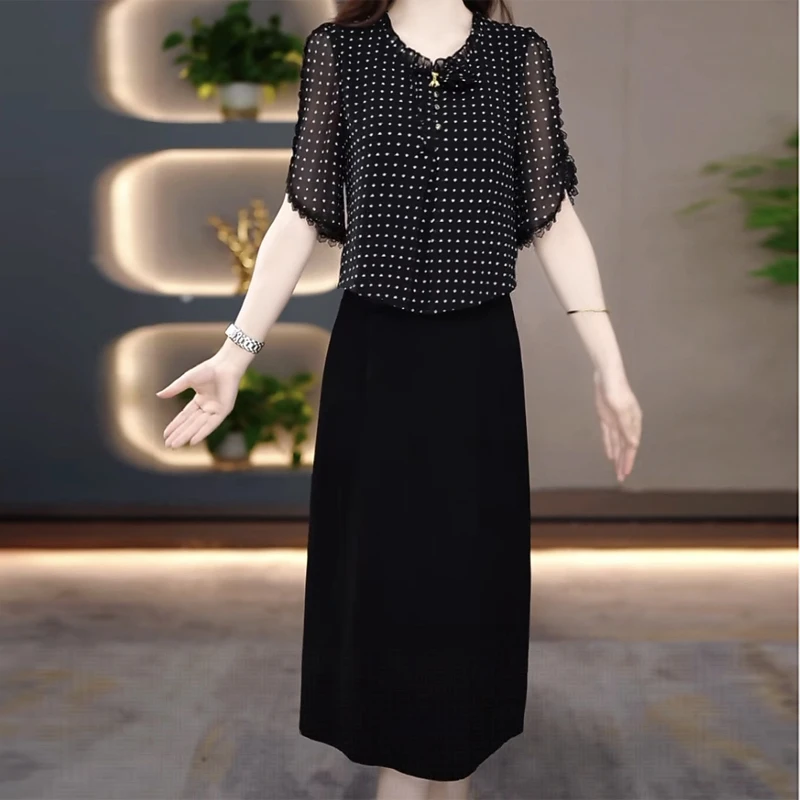 假两件黑色波点短袖连衣裙中长款新中式田园风修身百搭名媛裙子