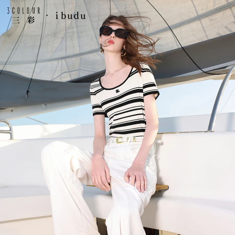 三彩ibudu2025夏季新款针织衫撞色条纹修身短袖套头衫绣花女