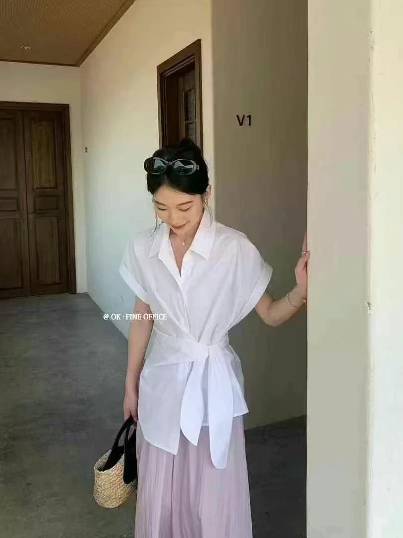 【25030】韩版系带收腰单排扣短袖衬衫2025夏季新款女设计感上衣