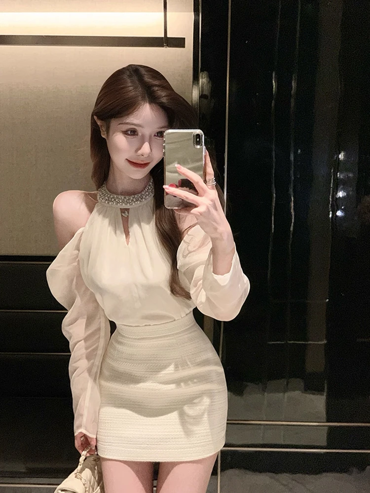 XIAOTAIYAN.新贵大小姐2025秋装镶钻露肩衬衫高腰半裙两件套装裙