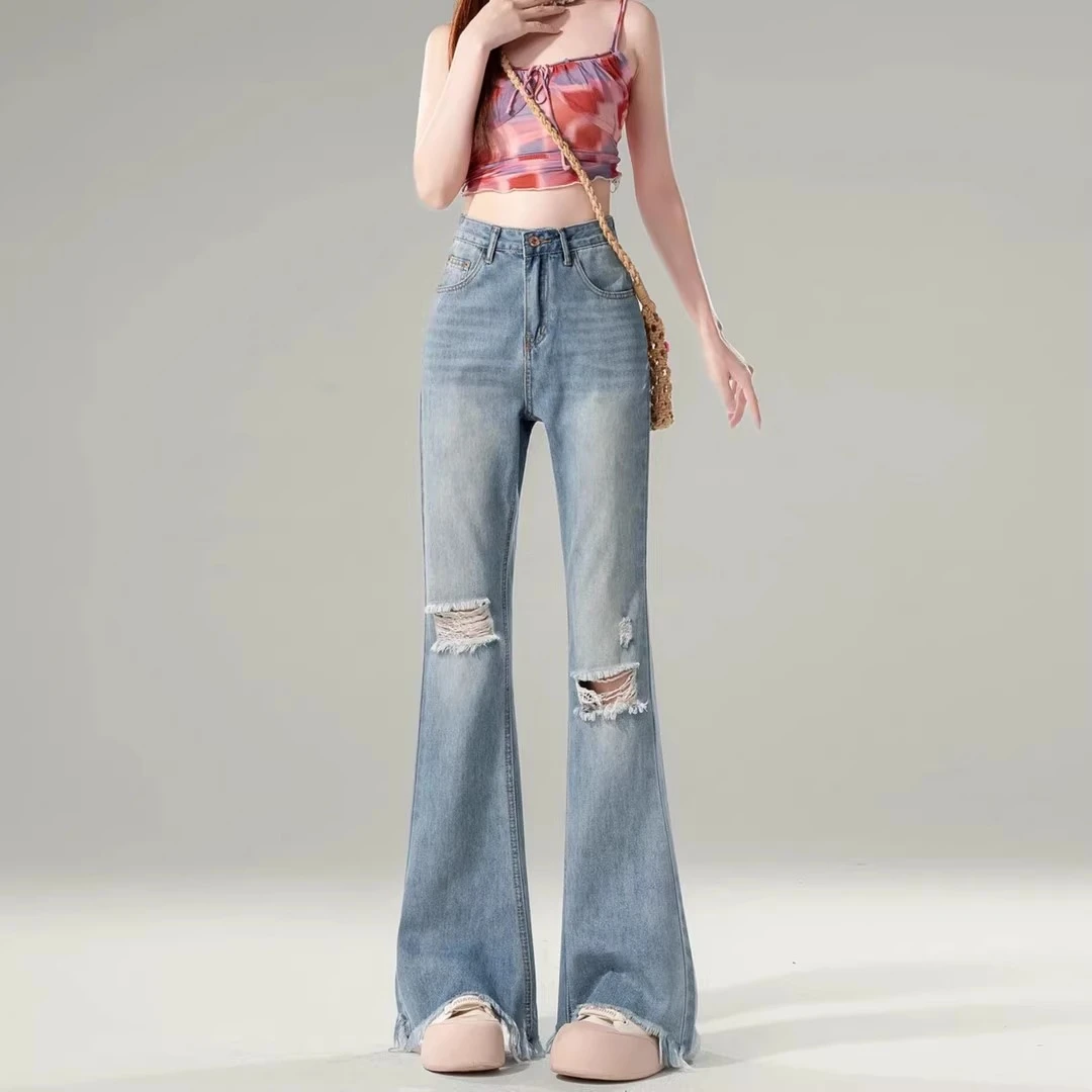 浅色微喇叭牛仔裤女2025夏季穿搭设计感破洞高腰马蹄阔腿拖地裤子
