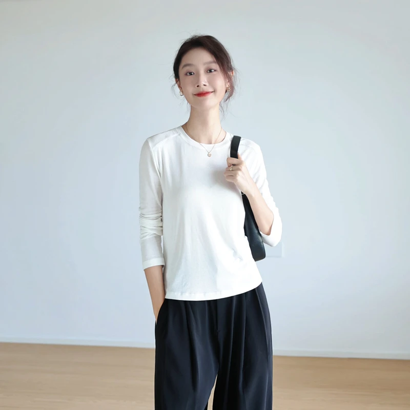 莱赛尔天丝t恤女斜肩长袖醋酸垂坠感修身内搭外穿圆领打底衫上衣