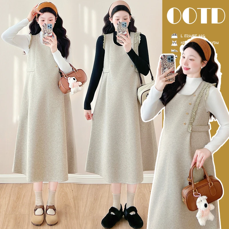 2026孕妇秋冬新款法式气质设计感两件套宽松大码连衣裙腰围可调节