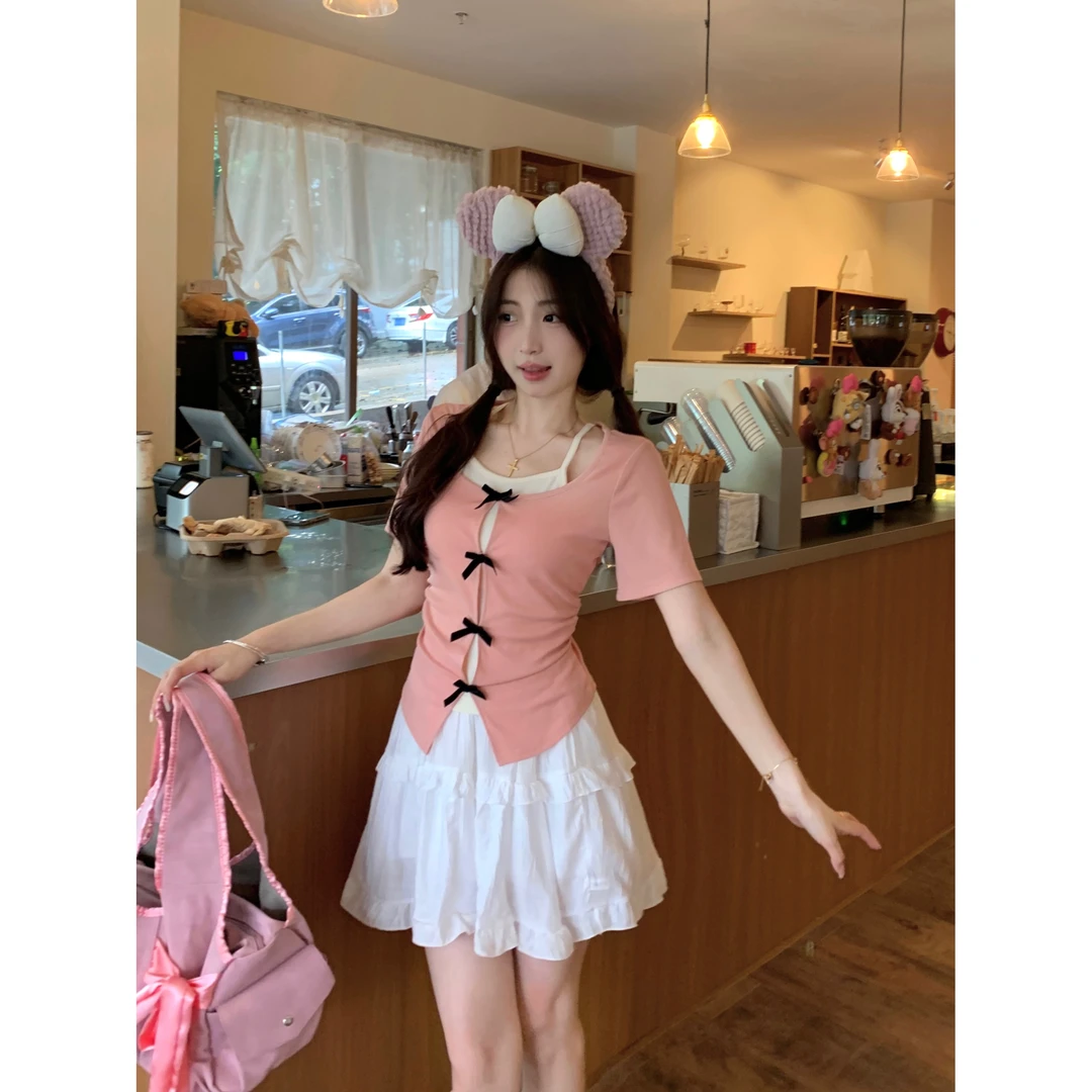 欧若风夏季小众设计感甜美假两件T恤减龄显瘦独特别致T恤衫上衣女