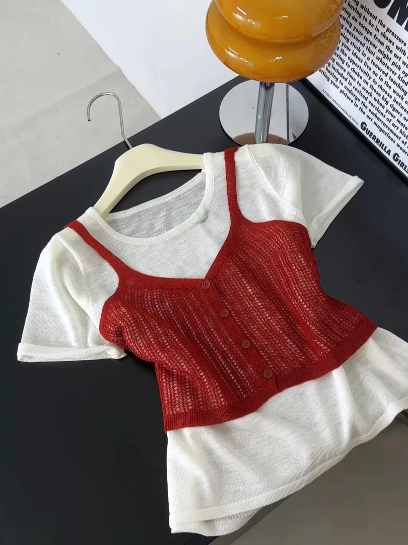 假两件拼接圆领短袖针织T恤女夏季2025新款韩系时尚气质叠穿上衣