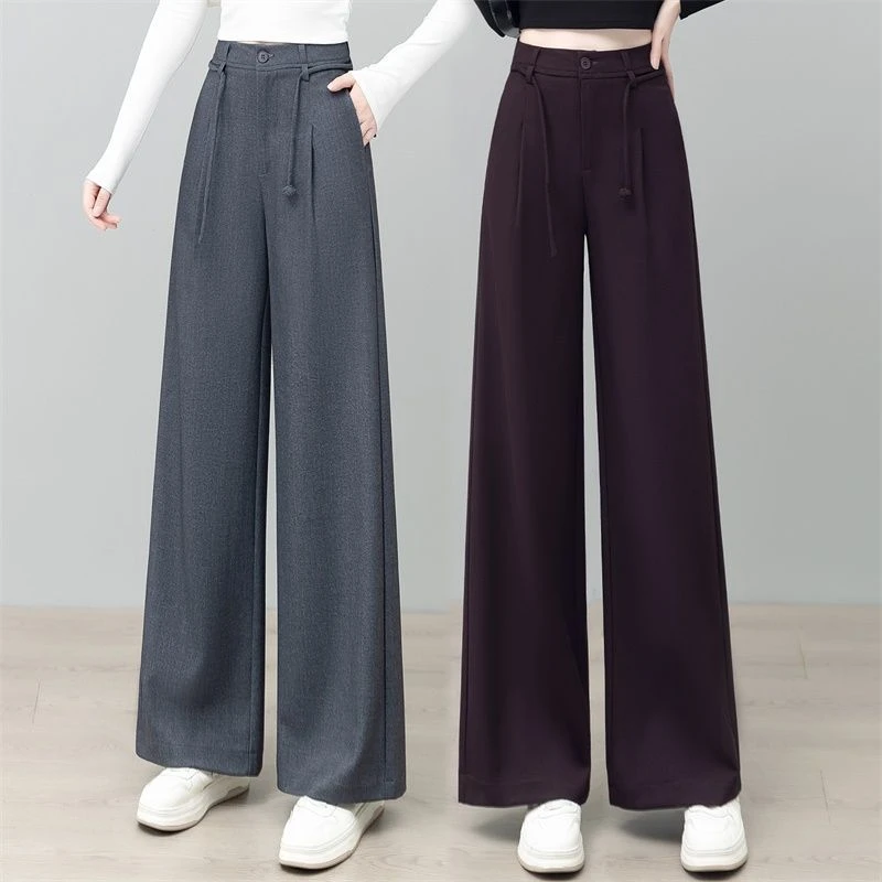 天丝羊绒棉阔腿休闲裤女春秋新款宽松显瘦百搭遮肉垂感窄版直筒裤