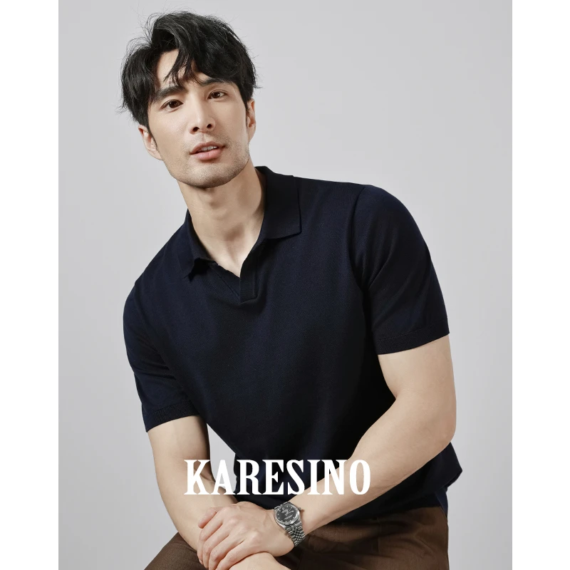 KARESINO夏季新款男士翻领针织POLO衫休闲白色冰丝透气短袖T恤男