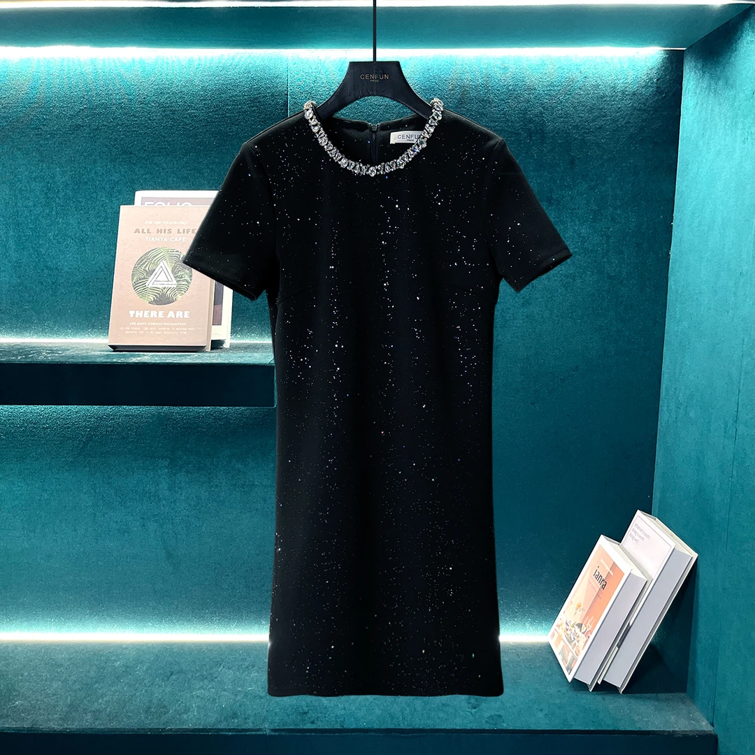【CENFUN】189*轻奢钉钻亮片纱线黑色带袖连衣裙E22129