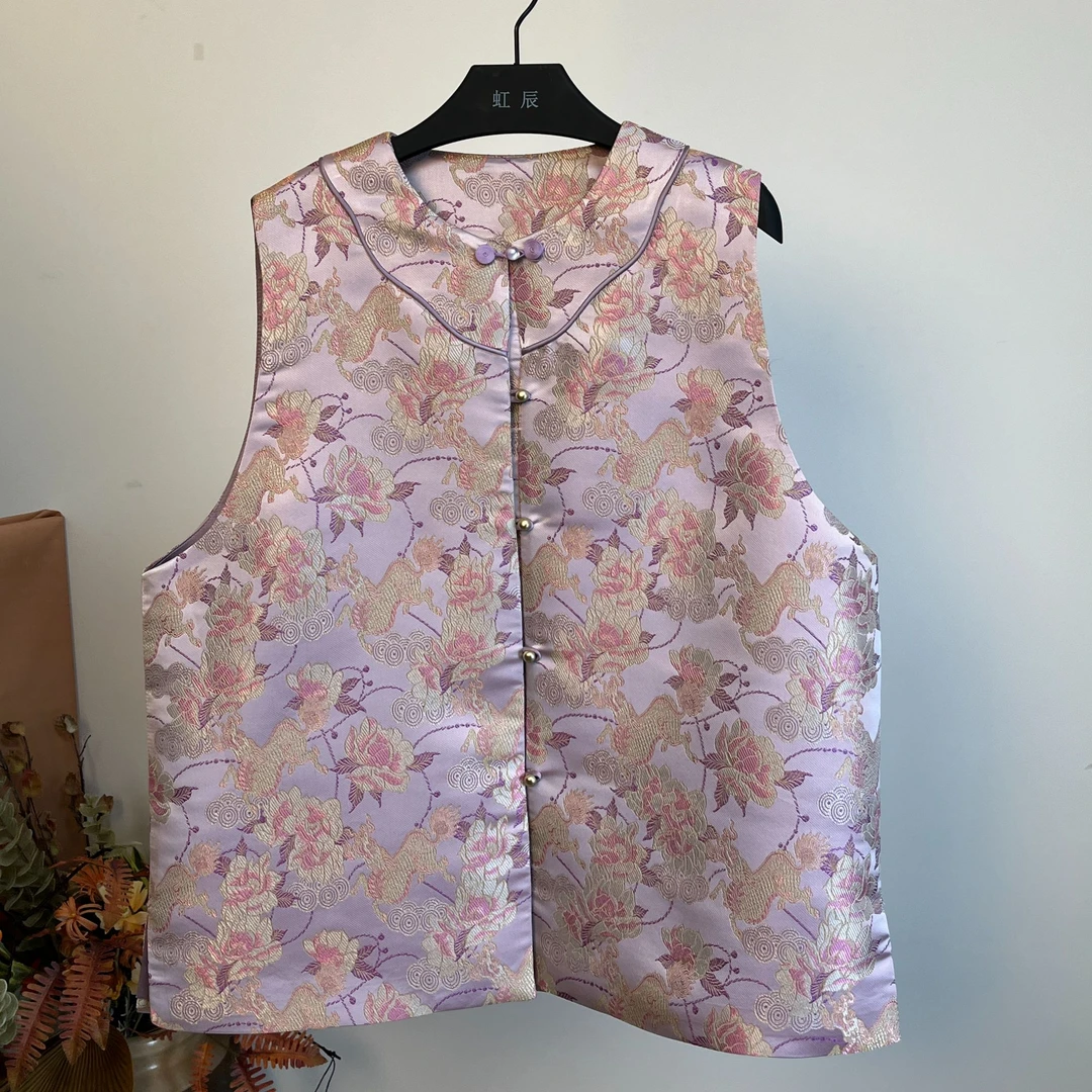 大码织金宋锦马甲【粉紫麒麟牡丹】