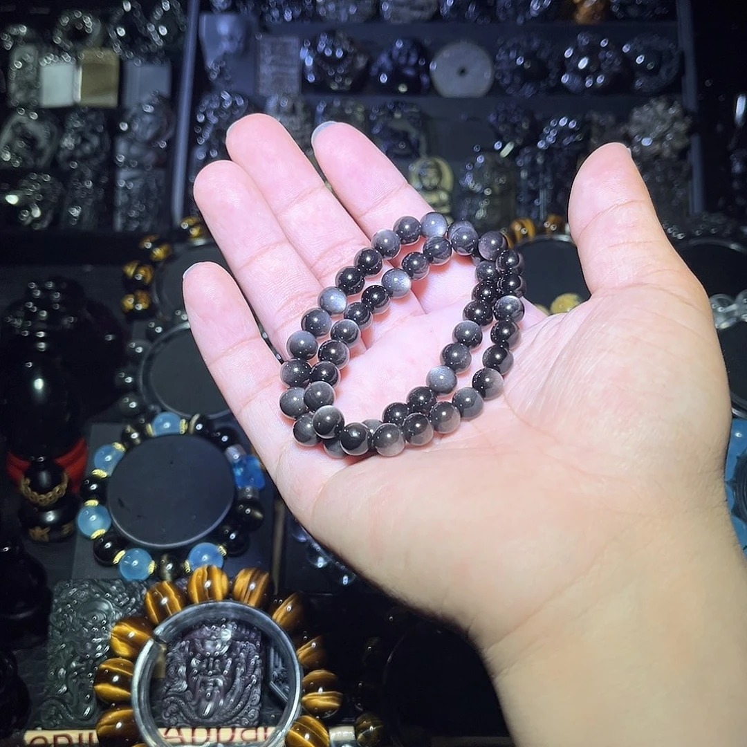 黑曜岩合金手链冲*银曜石8m50颗
