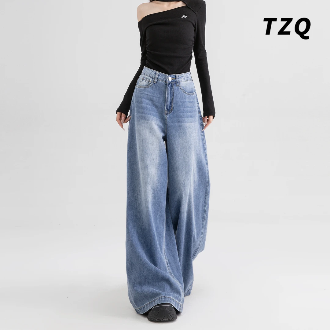 夏季水洗蓝直筒牛仔裤女款爆款拖地裤高腰新款薄款宽松显瘦阔腿裤