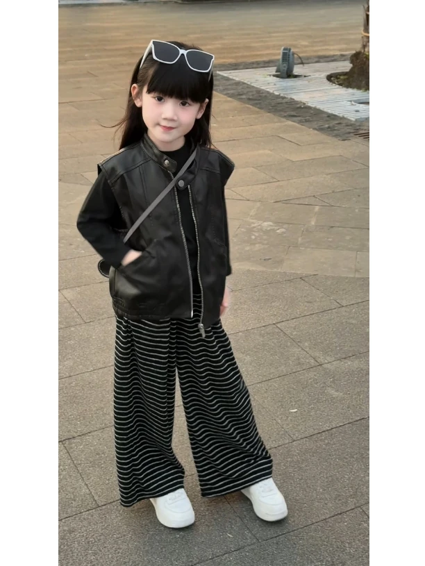 女童秋装套装2025新款女宝宝秋季洋气时髦打底衫韩版皮马甲三件套