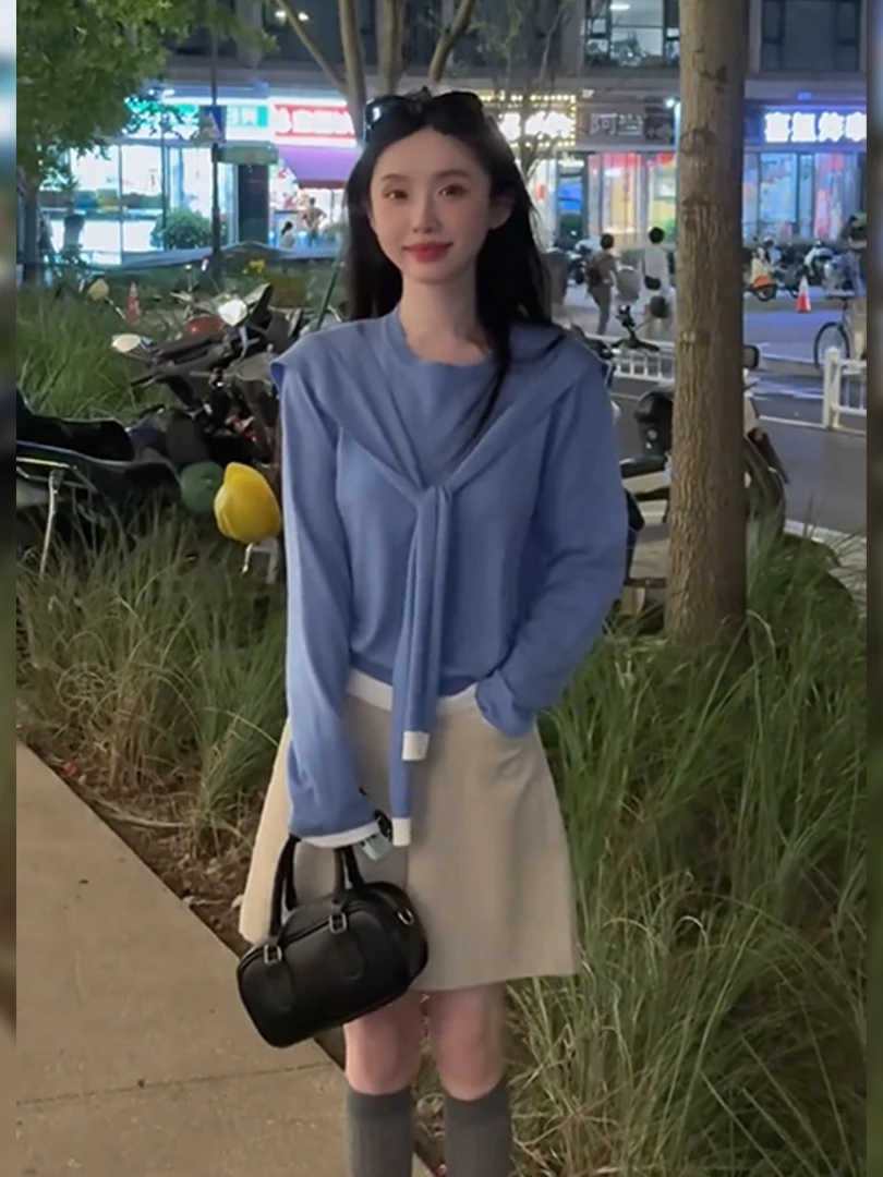 慵懒风气质修身针织披肩长袖T-恤女装2025秋冬新款休闲百搭两件套