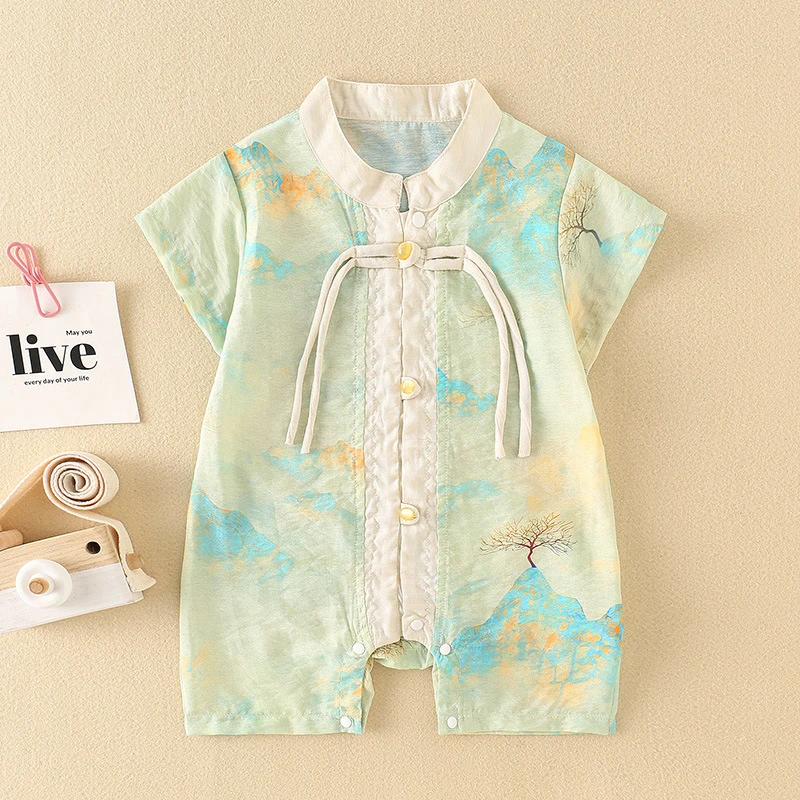 婴儿新款中国风连体衣夏季薄款男宝宝唐夏装短袖汉服外出服23C208