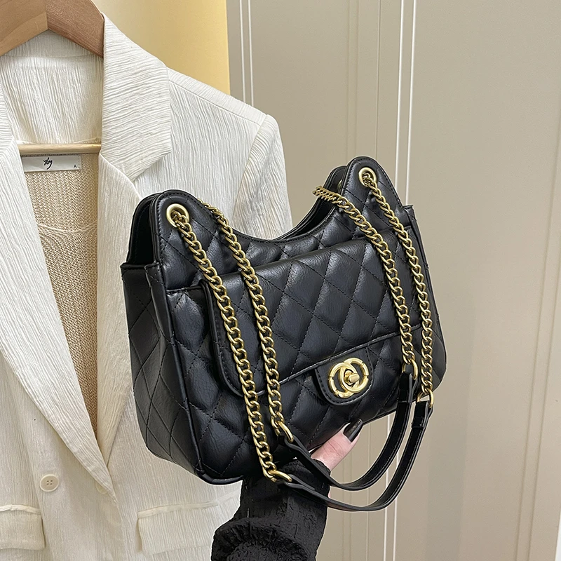 2025新款女士小香风链条单肩斜跨包网红爆款菱格链条包高级感通勤