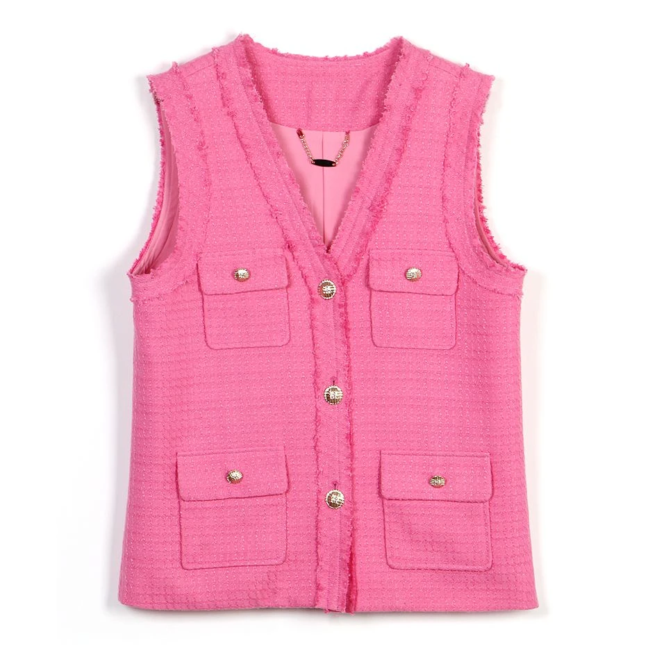 【独设甄选】韩版小香风粗花呢金属扣V领马甲背心外套女25165