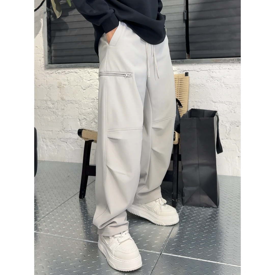 YULE语乐/2593户外简工装防风裤冬季磨毛加厚褶位微阔直筒休闲裤