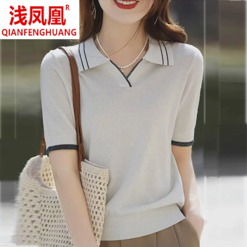 浅凤凰精品服饰桑蚕丝短袖针织衫女夏季新款翻领上衣禅意气质款女