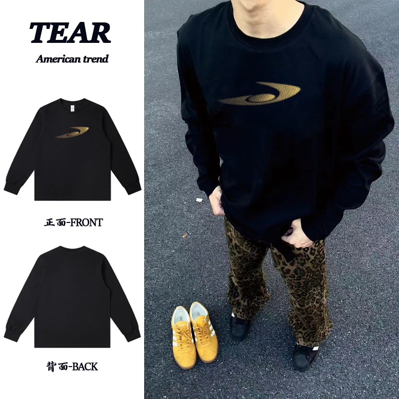 美式重磅纯棉波点印花长袖T恤宽松百搭ootd穿搭时尚潮流男女同款