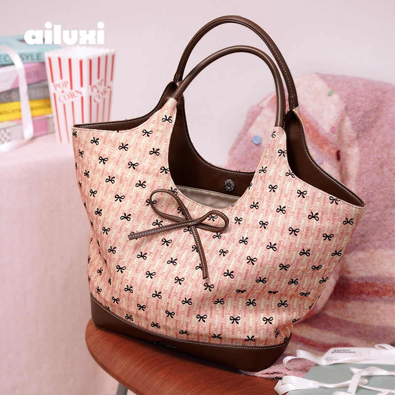 秋冬新款粉色蝴蝶结托特包柔软通勤大容量可爱少女感单肩腋下包