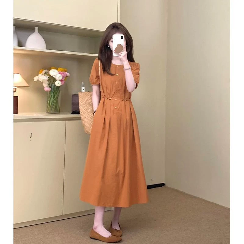 2025新款小个子法式连衣裙女夏季高级穿搭收腰气质显瘦短袖中长裙