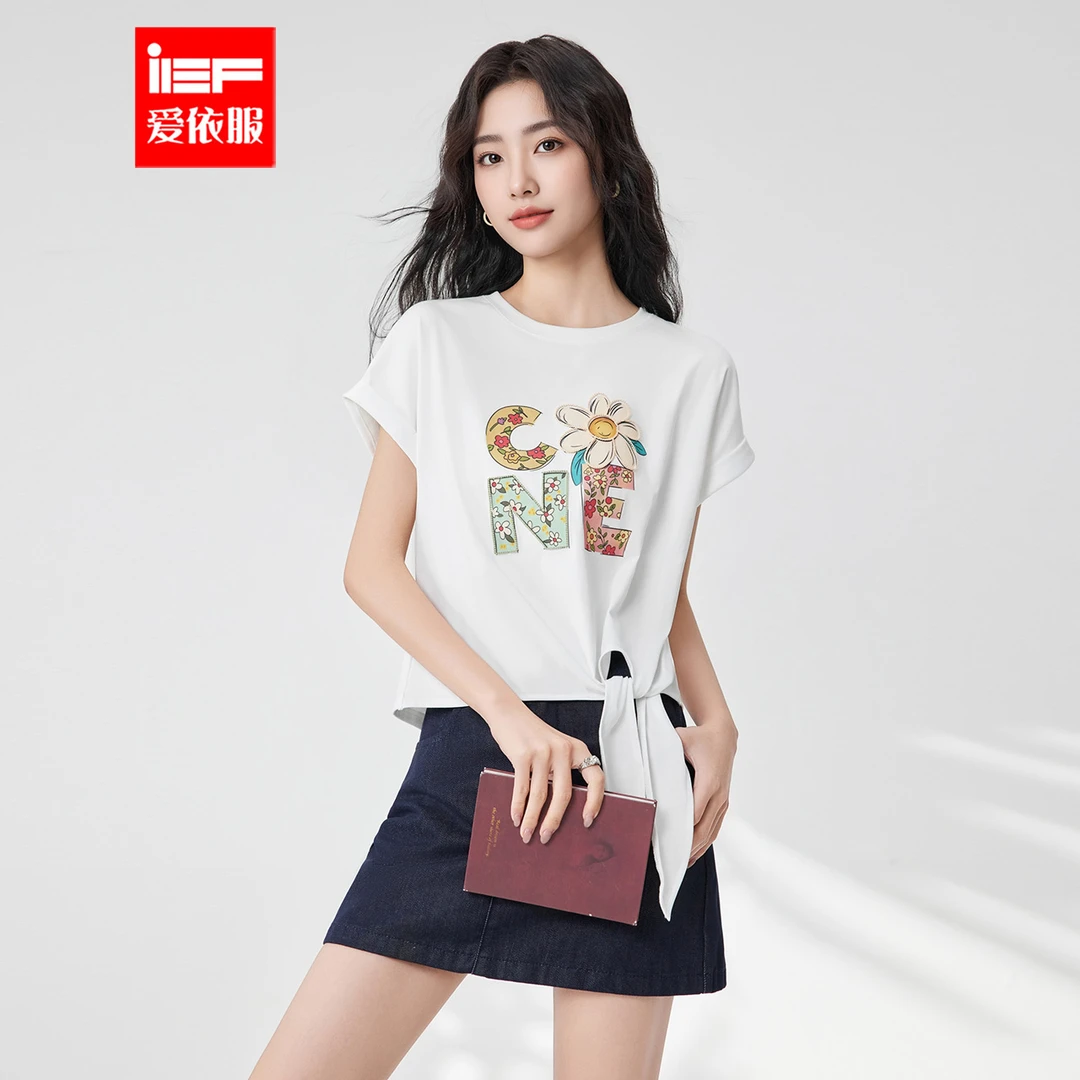 IEF/爱依服2025夏季新款韩版时尚印花通勤气质百搭正肩短袖上衣