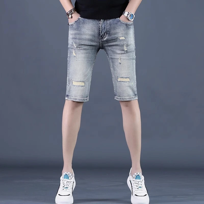 JJ夏季新款高端复古破洞牛仔短裤男轻奢潮牌五分中裤韩版潮流马裤