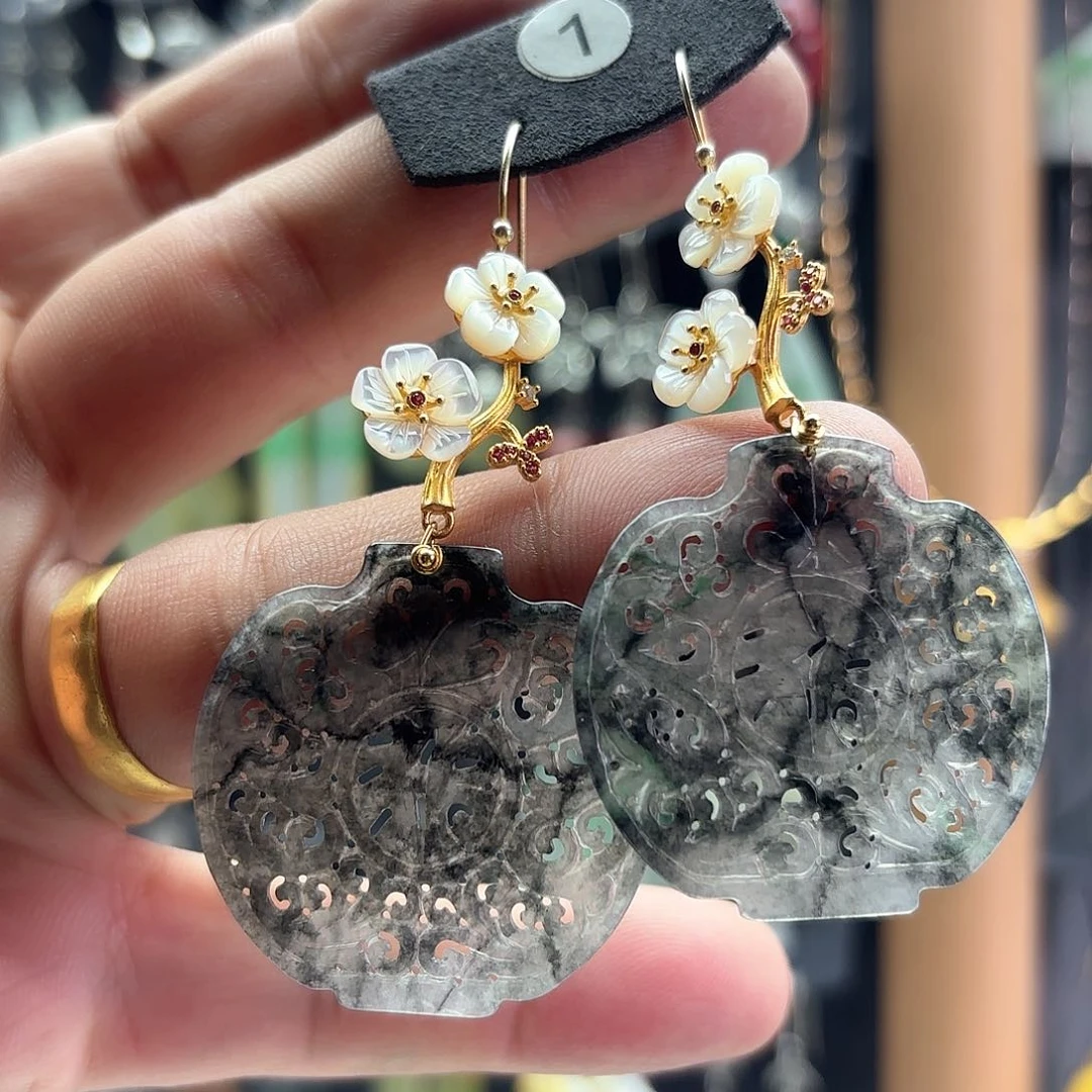 翡翠耳饰银S925镶嵌叶*