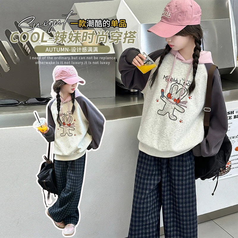 童装女童连帽卫衣套装2025秋季新款中大童女孩格子休闲裤两件套