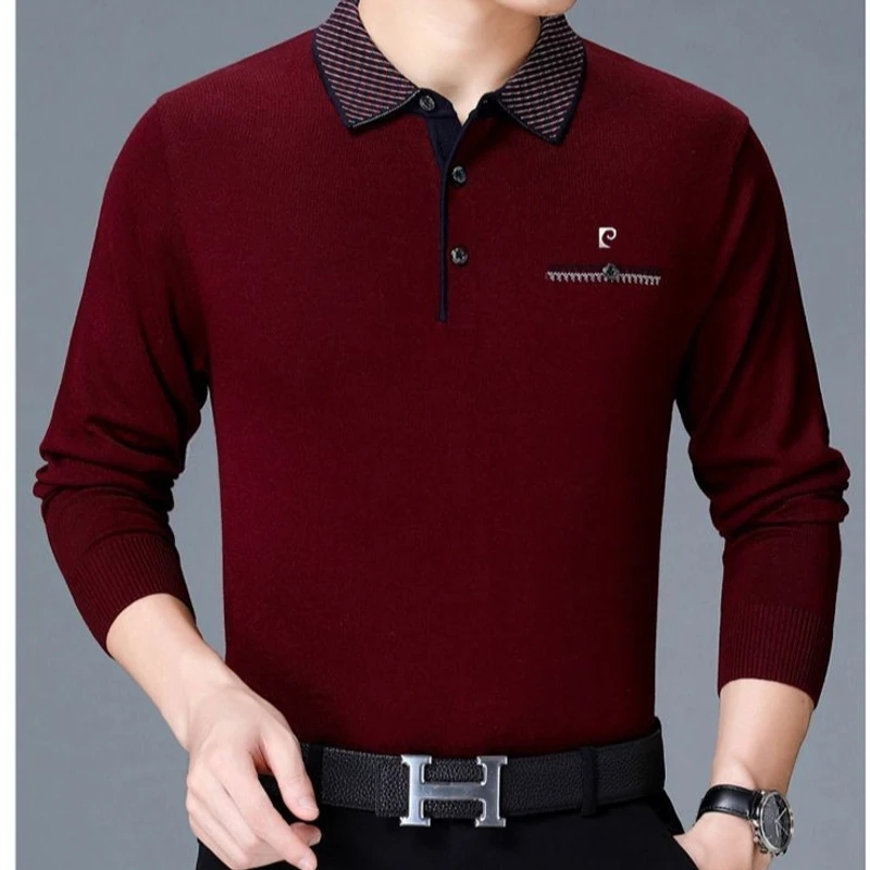 皮尔卡丹男士春秋毛衫长袖T恤男翻领中老年爸爸纯色大码高档上衣
