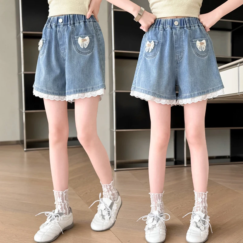 B类短裤女夏季高腰牛仔裤女童洋气韩版裤子中大童阔腿潮流儿童裤