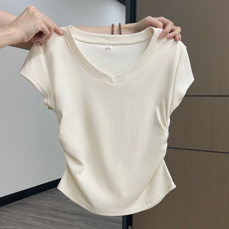 褶皱正肩领卡腰恤女装夏季新款弧形下摆设计感短袖小衫上衣