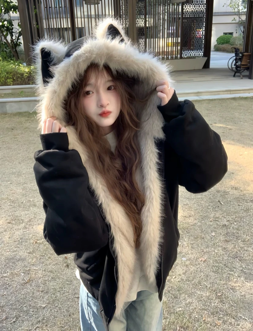 座山雕韩系新款慵懒风猫耳朵毛领连帽棉服女甜酷风加厚保暖外套潮