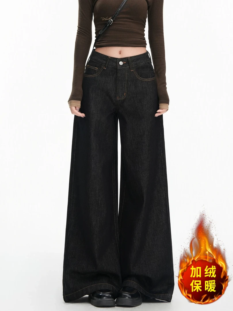 【真】冬季女轻职风牛仔裤小个子直筒裤黑色加绒百搭裤子