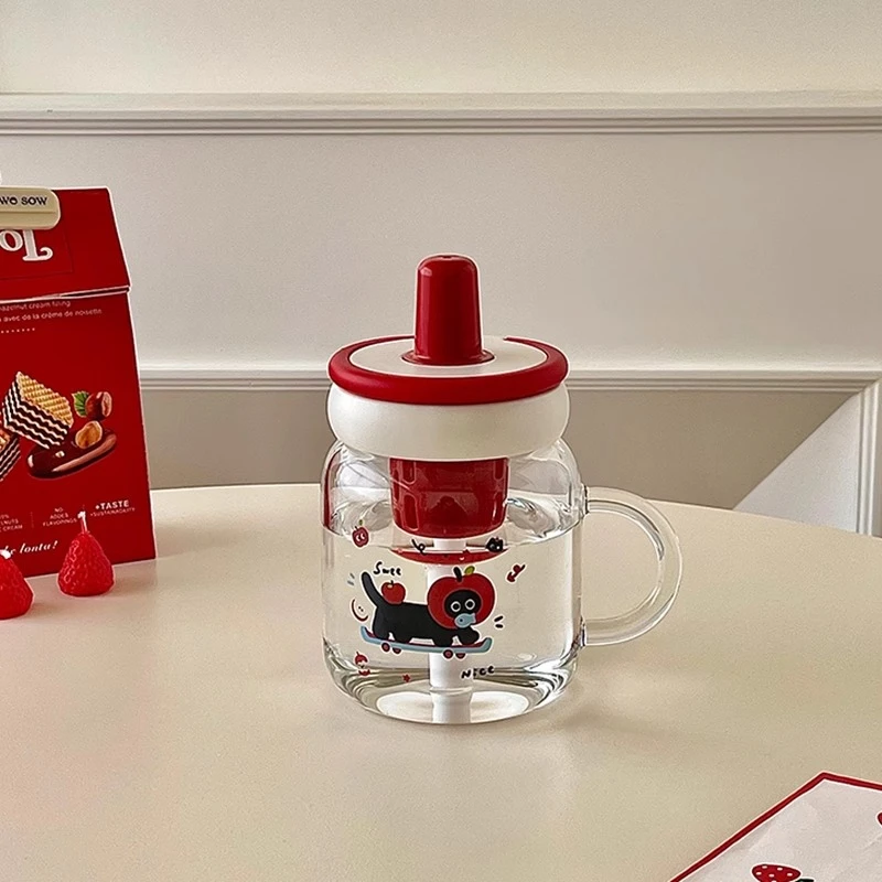可爱小猫玻璃吸管杯高颜值女透明带把手耐高温大容量办公室水杯子