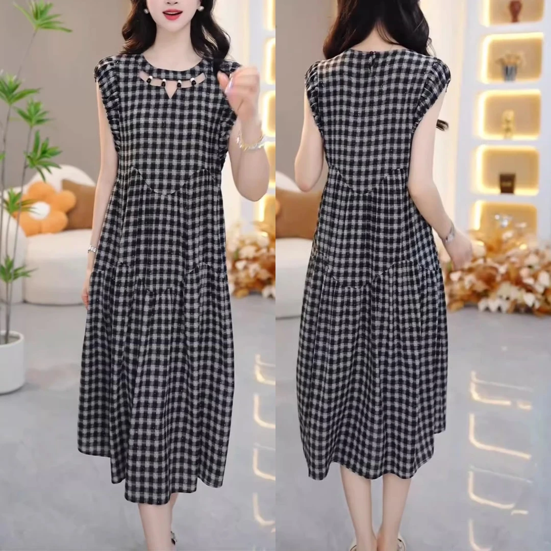 日常格子拼色洋气连衣裙女时尚减龄显瘦韩版气质短袖长裙夏季新款