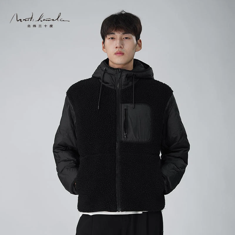 北纬三十度摇粒绒拼接连帽羽绒服男士2025年冬季休闲户外保暖羽绒