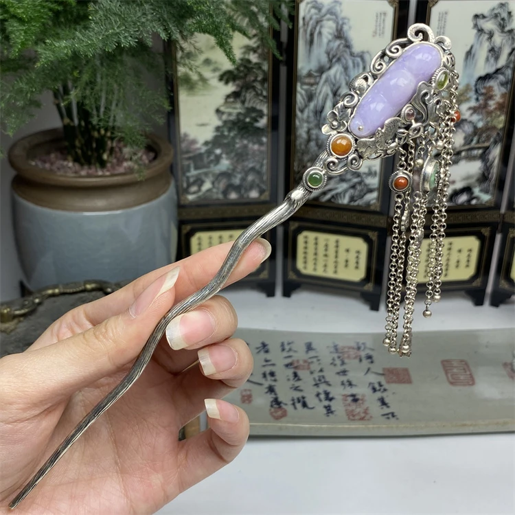 紫罗兰银镶四季豆连中三元流苏发簪 天然翡翠A货 玥琳琅