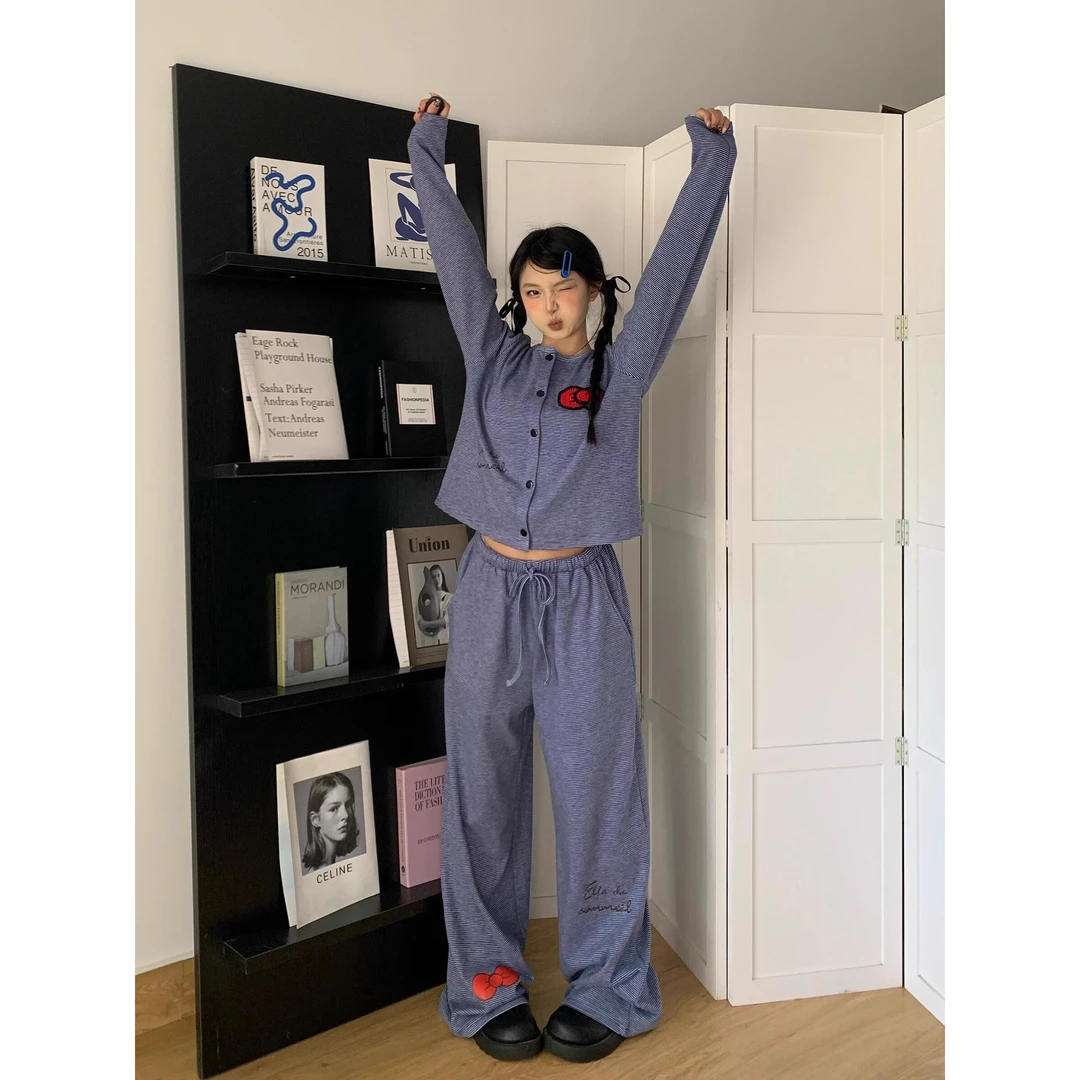 【条纹蝴蝶结】韩系甜美长袖睡衣女春夏新款宽松舒适长裤套装家居服