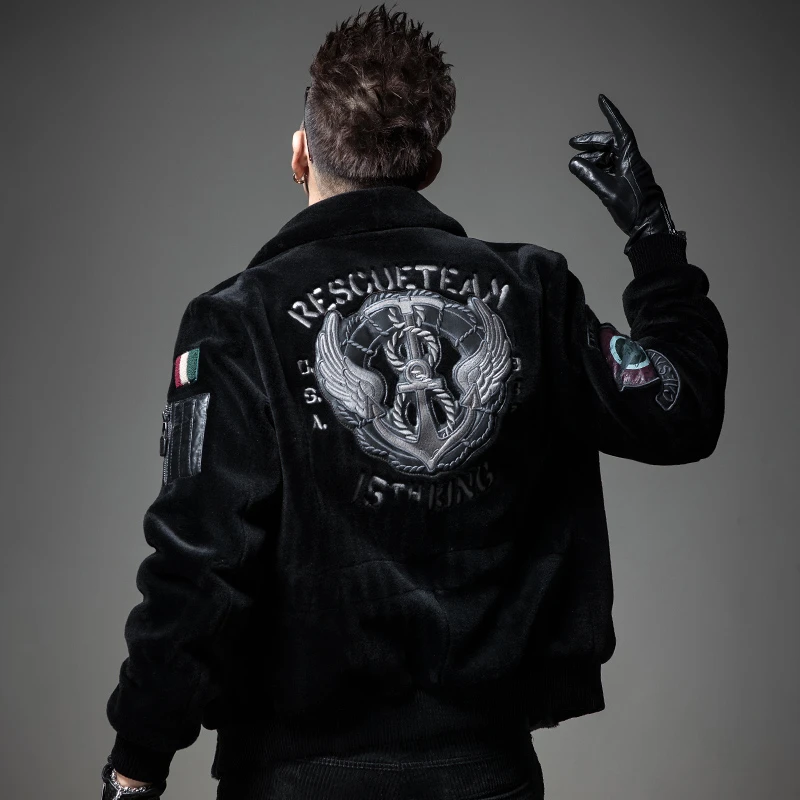 高端轻奢刺绣羊剪绒皮毛一体男士机车真皮皮衣金貂皮草男冬外套潮