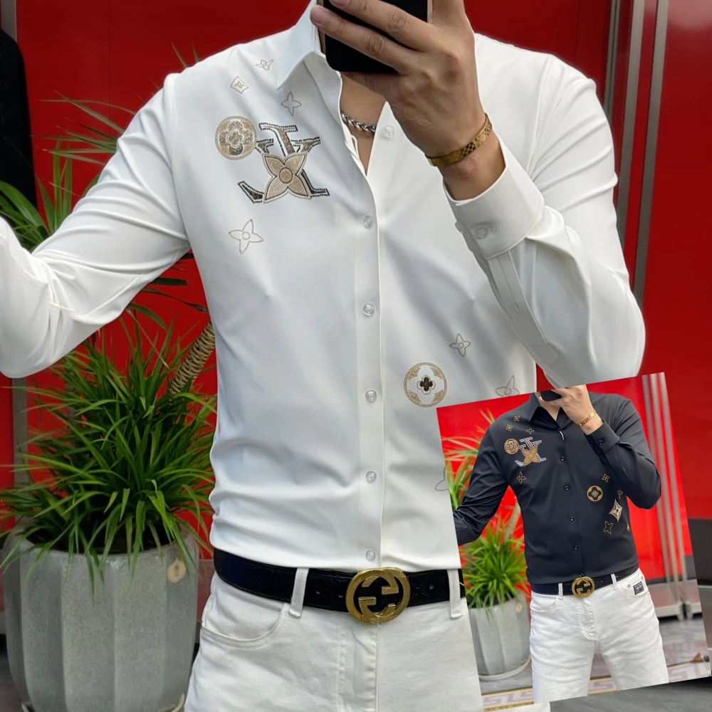 男士春季衬衫2025新款花卉字母烫钻百搭潮流修身长袖高端商务上衣