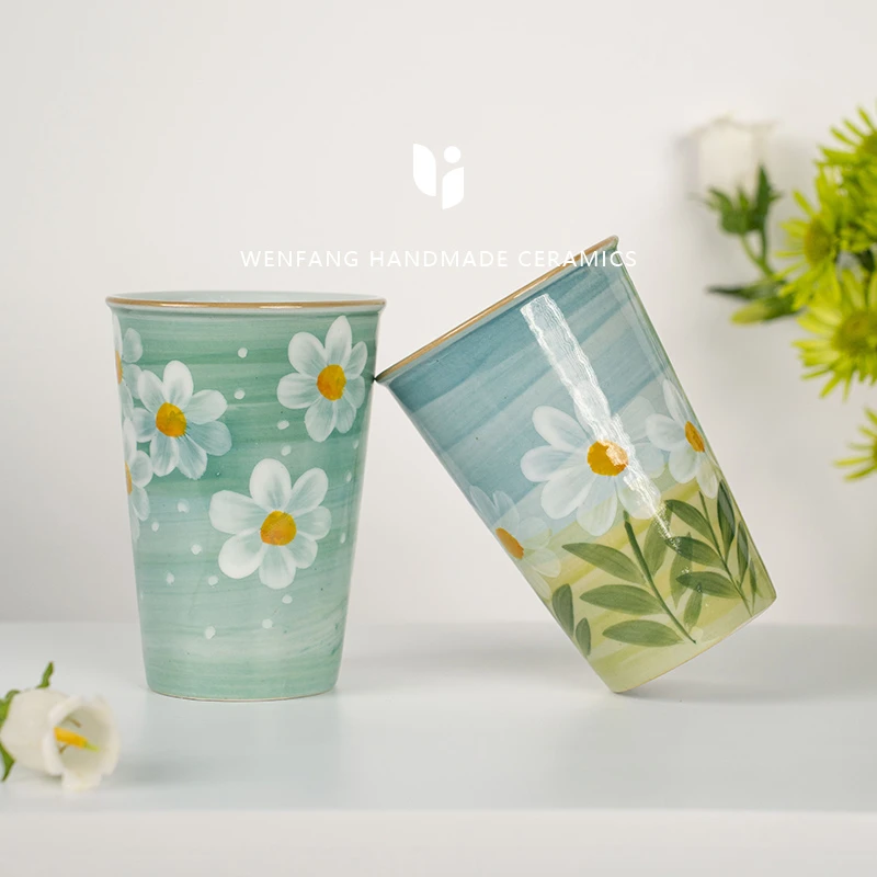 景德镇纯手绘釉下彩陶瓷杯子手握陶瓷可乐杯高温陶瓷牛奶杯大容量