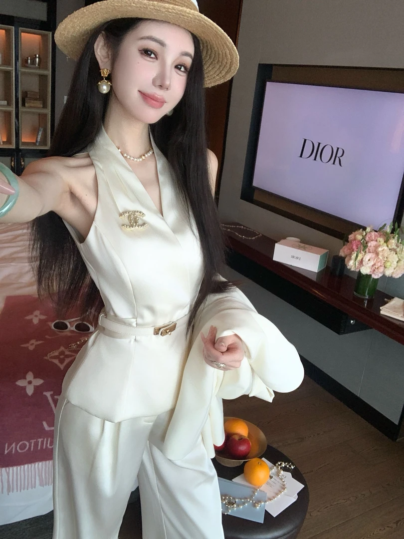【雅乔定制】女绅主义 无袖挂脖上衣阔腿裤套装两件套DYYK-25072533