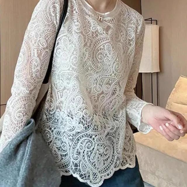 胖MM洋气蕾丝衫女2025秋冬新款韩版时尚小众镂空叠穿气质长袖上衣